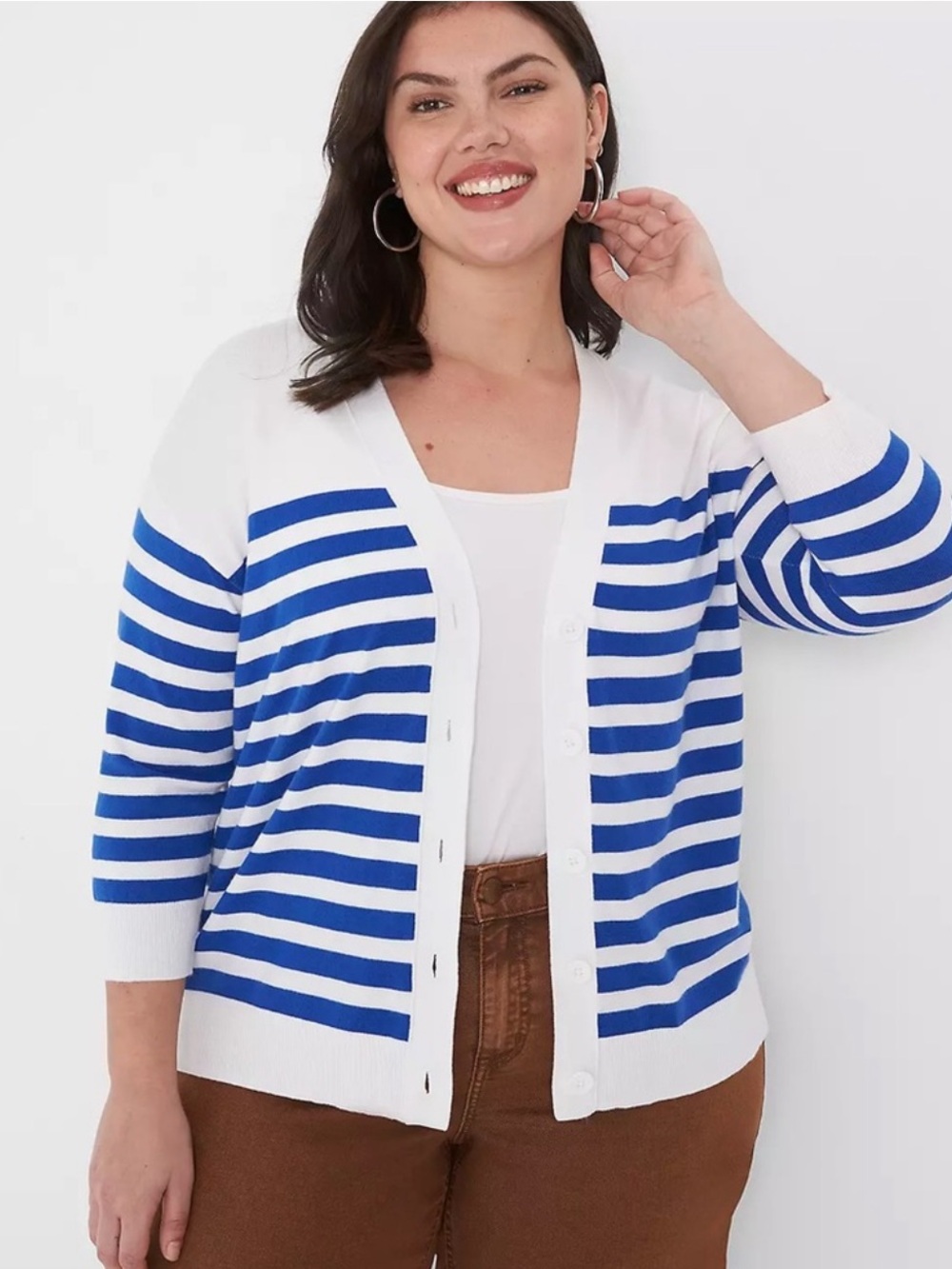 NEW‎ Lane Bryant Striped V-Neck Button-Front Cardigan White/Blue 14/16 Preppy